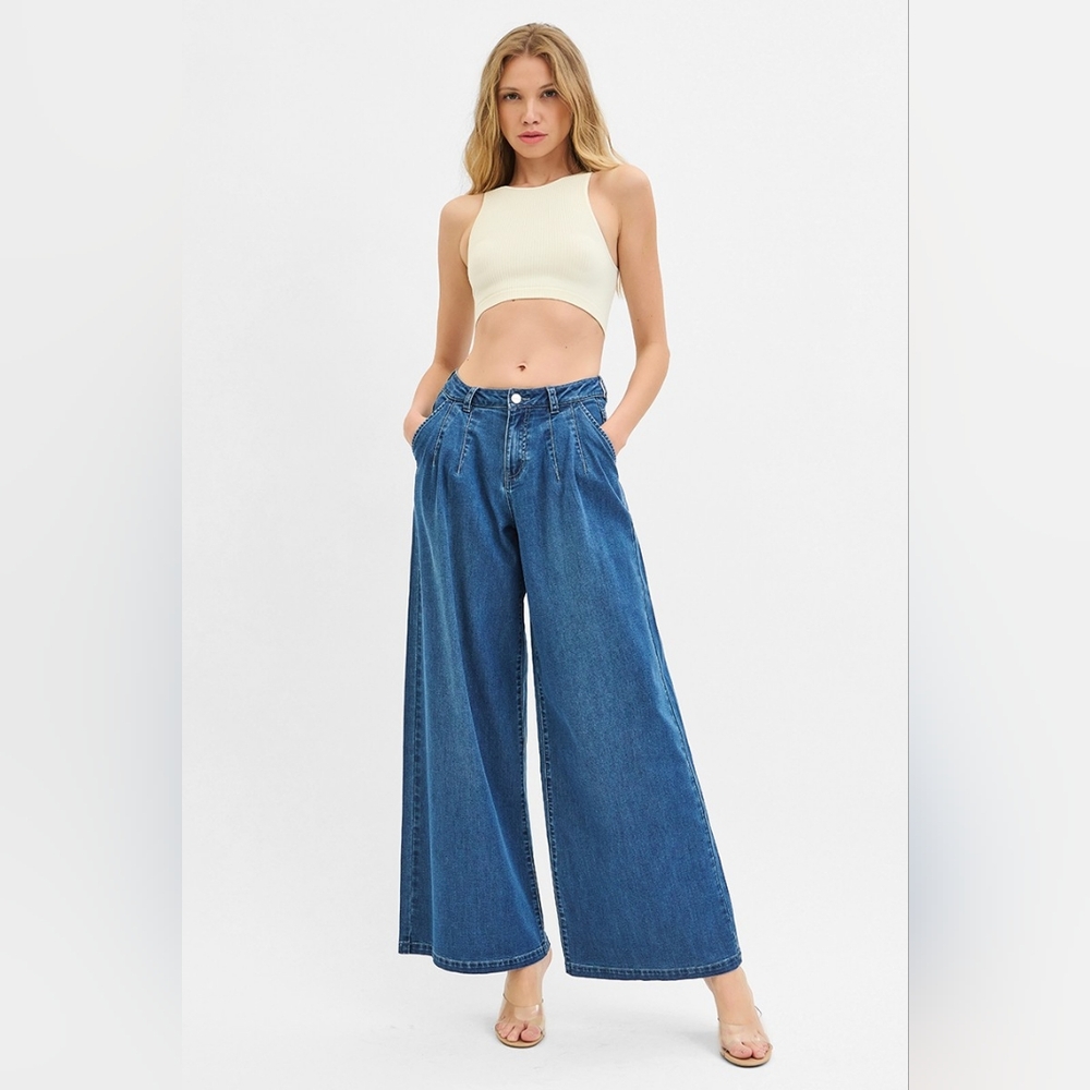 RISEN Palazzo Baggy Mid-Rise Pleated Ultra Wide Oversized Leg Jeans Denim Pants - Picture 12 of 16